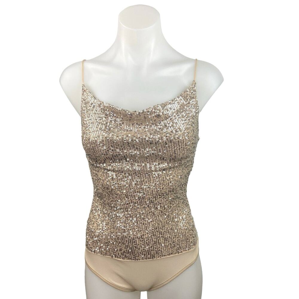 NEW Chocolate Gold Sequin Metallic Embellished Sleeveless Cami Bodysuit Size M